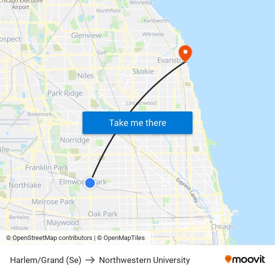 Harlem/Grand (Se) to Northwestern University map