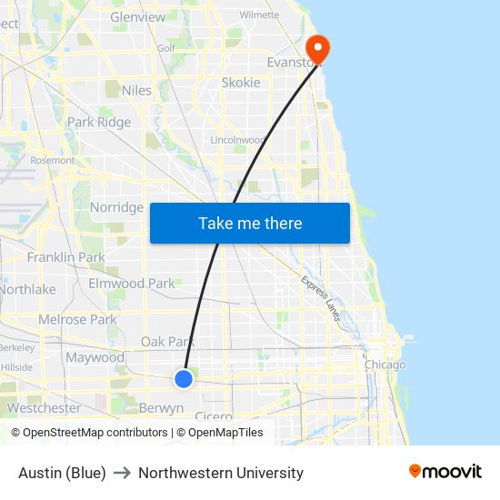 Austin (Blue) to Northwestern University map