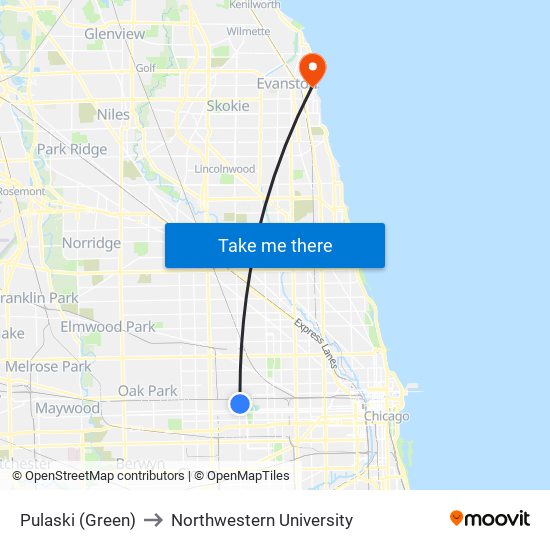 Pulaski (Green) to Northwestern University map