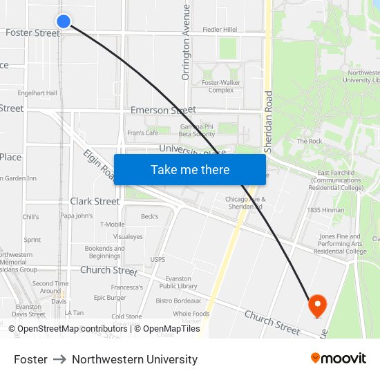 Foster to Northwestern University map