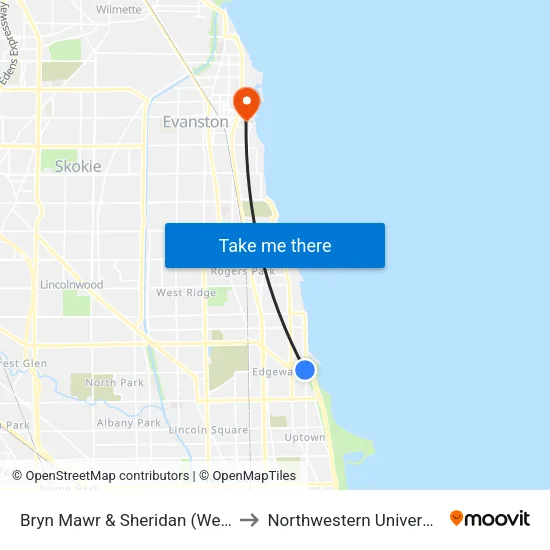 Bryn Mawr & Sheridan (West) to Northwestern University map