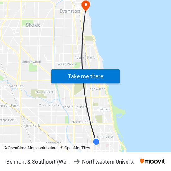 Belmont & Southport (West) to Northwestern University map