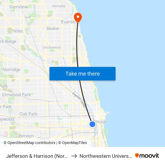 Jefferson & Harrison (North) to Northwestern University map