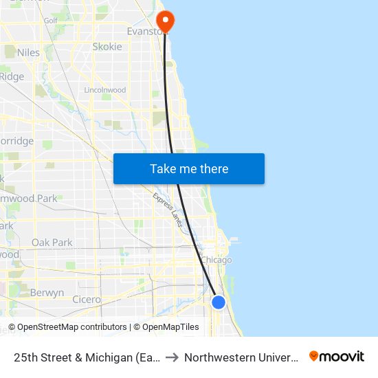 25th Street & Michigan (East) to Northwestern University map