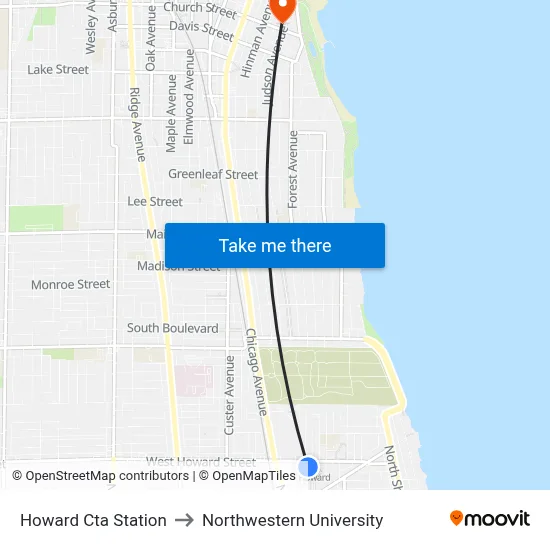 Howard Cta Station to Northwestern University map