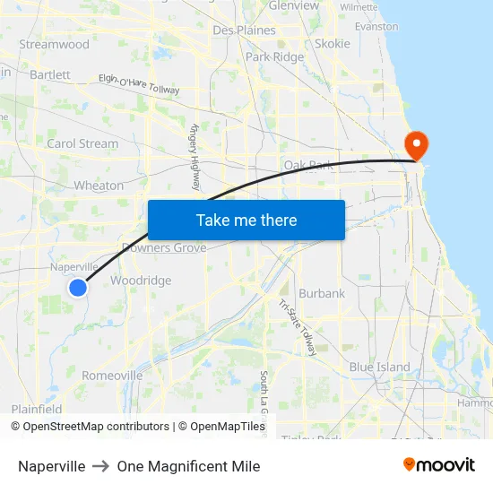 Naperville to One Magnificent Mile map