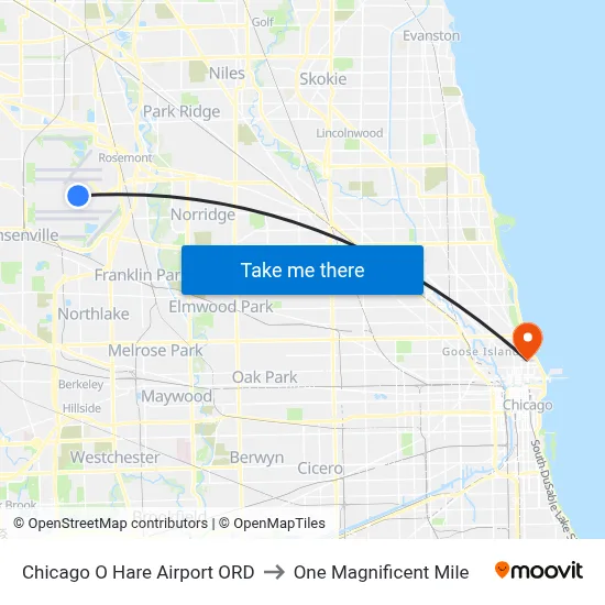 Chicago O Hare Airport ORD to One Magnificent Mile map