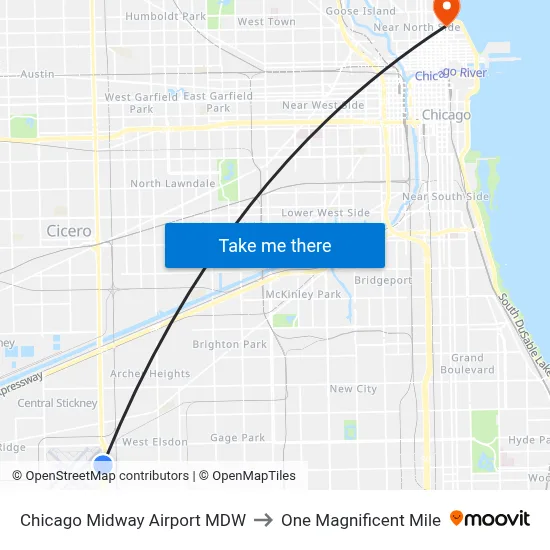 Chicago Midway Airport MDW to One Magnificent Mile map