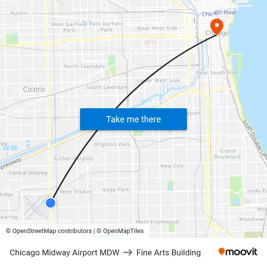 Chicago Midway Airport MDW to Fine Arts Building map