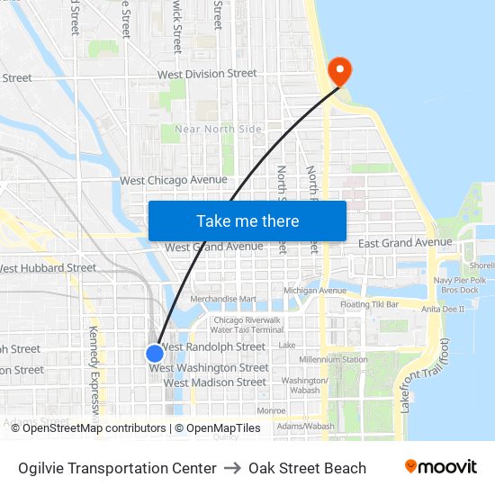 Ogilvie Transportation Center to Oak Street Beach map