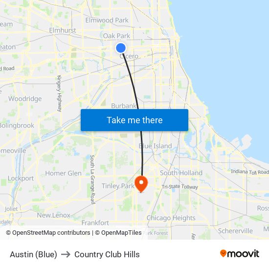 Austin (Blue) to Country Club Hills map
