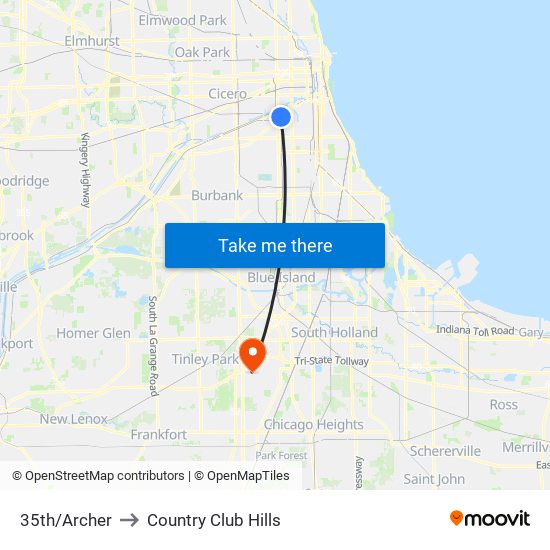 35th/Archer to Country Club Hills map