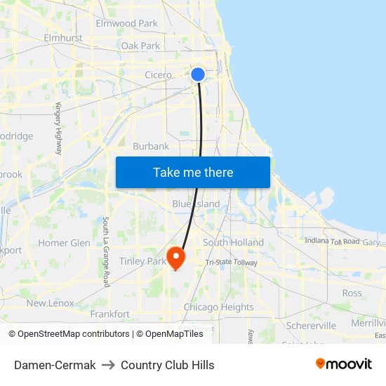 Damen-Cermak to Country Club Hills map
