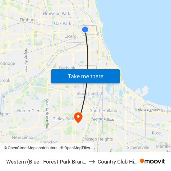 Western (Blue - Forest Park Branch) to Country Club Hills map