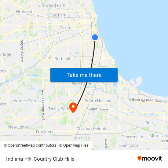 Indiana to Country Club Hills map