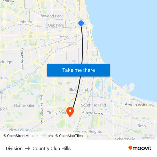 Division to Country Club Hills map