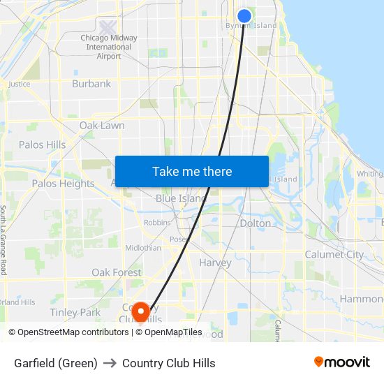 Garfield (Green) to Country Club Hills map