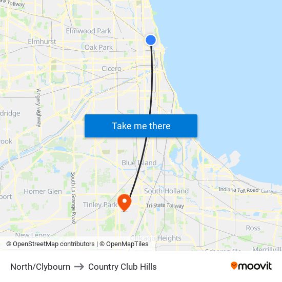 North/Clybourn to Country Club Hills map