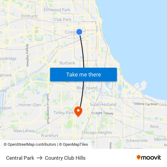 Central Park to Country Club Hills map