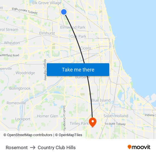 Rosemont to Country Club Hills map