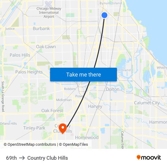 69th to Country Club Hills map