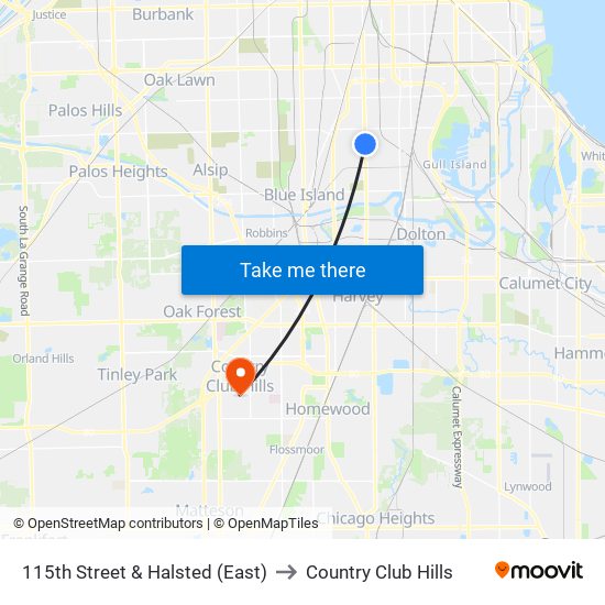 115th Street & Halsted (East) to Country Club Hills map