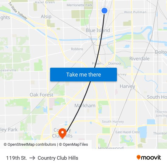 119th St. to Country Club Hills map