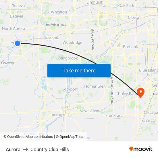 Aurora to Country Club Hills map