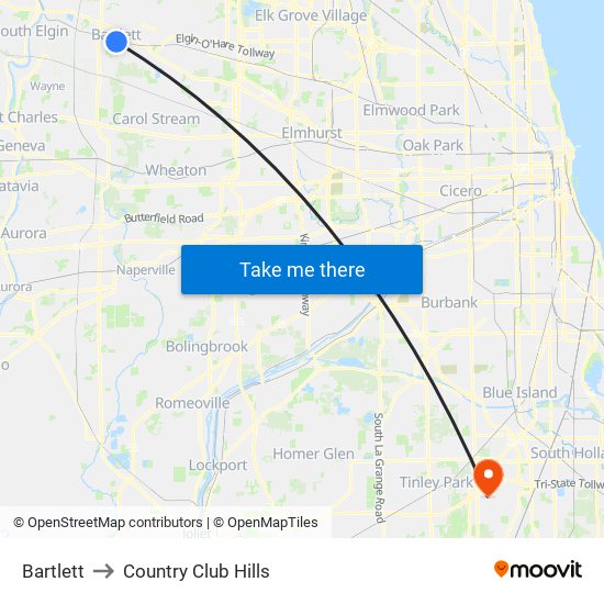 Bartlett to Country Club Hills map