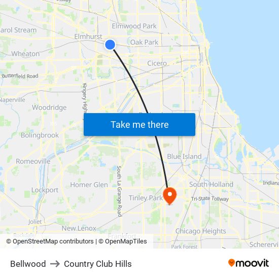 Bellwood to Country Club Hills map