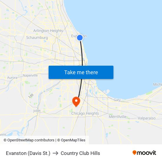 Evanston (Davis St.) to Country Club Hills map