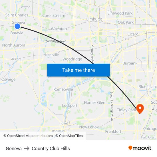 Geneva to Country Club Hills map