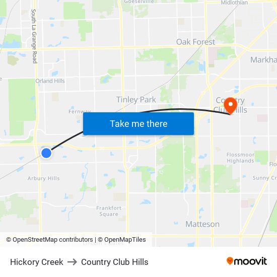 Hickory Creek to Country Club Hills map