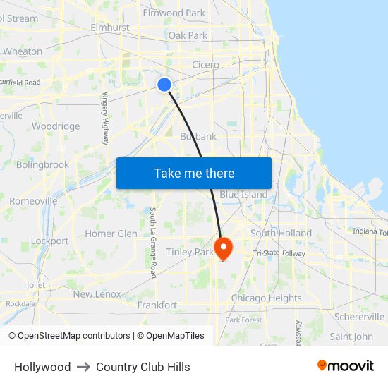 Hollywood to Country Club Hills map
