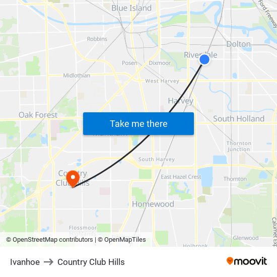 Ivanhoe to Country Club Hills map