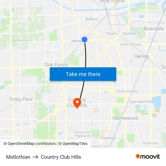 Midlothian to Country Club Hills map