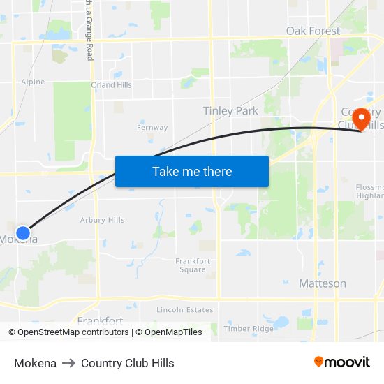 Mokena to Country Club Hills map