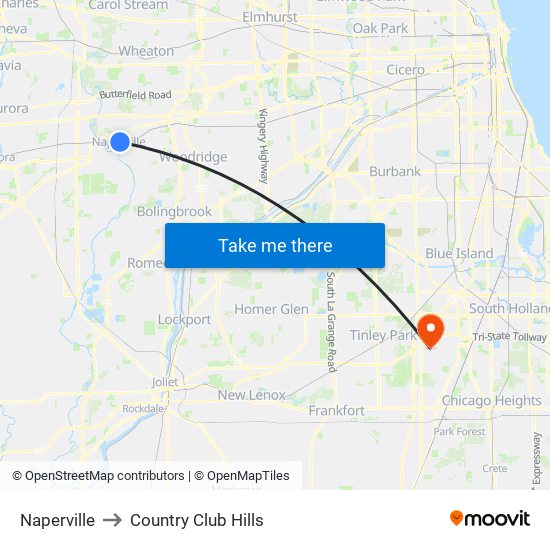 Naperville to Country Club Hills map