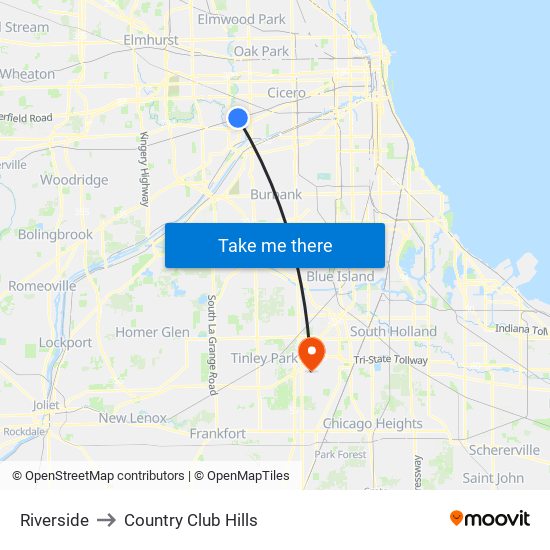 Riverside to Country Club Hills map