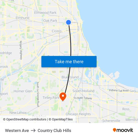 Western Ave to Country Club Hills map