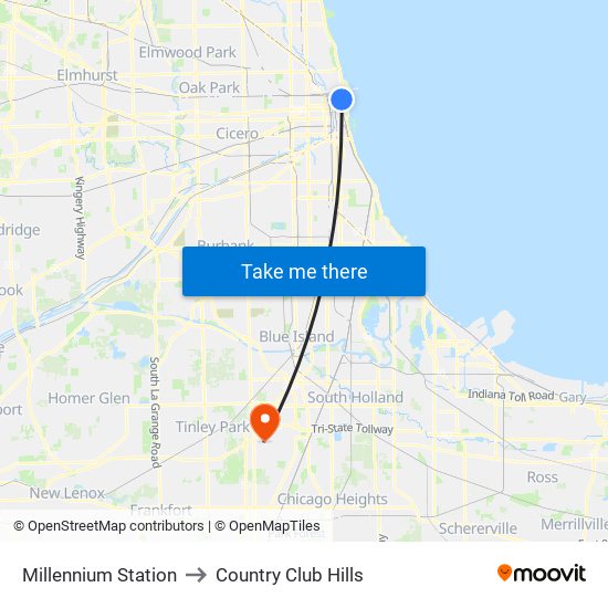 Millennium Station to Country Club Hills map