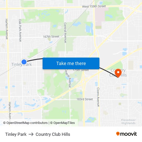 Tinley Park to Country Club Hills map