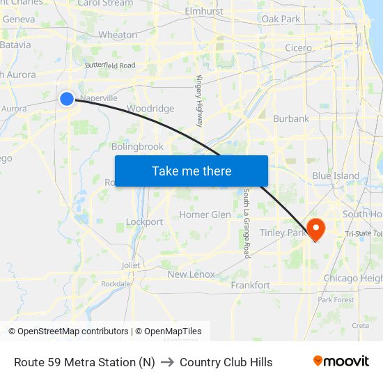 Route 59 Metra Station (N) to Country Club Hills map