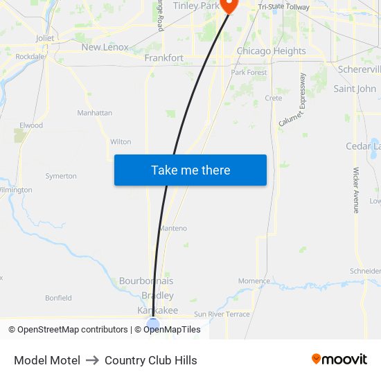 Model Motel to Country Club Hills map