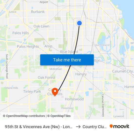 95th St & Vincennes Ave (Nw) - Longwood Metra to Country Club Hills map