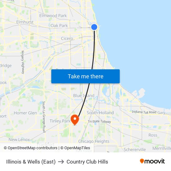 Illinois & Wells (East) to Country Club Hills map