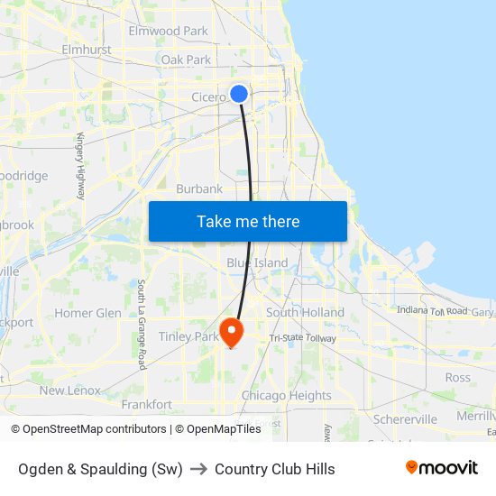 Ogden & Spaulding (Sw) to Country Club Hills map