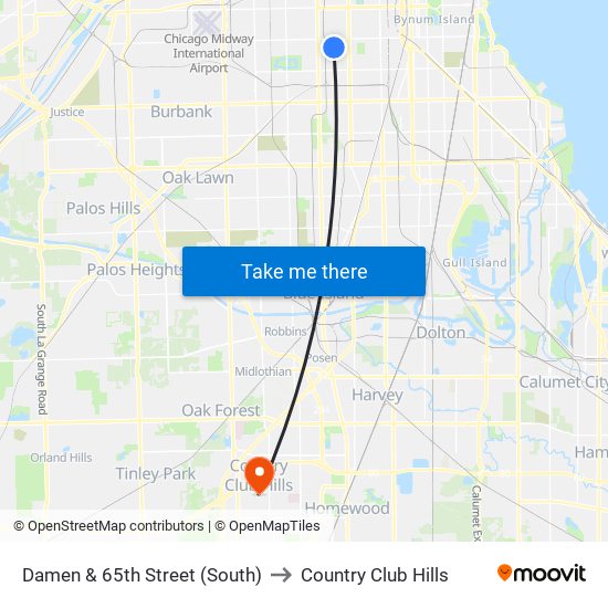 Damen & 65th Street (South) to Country Club Hills map