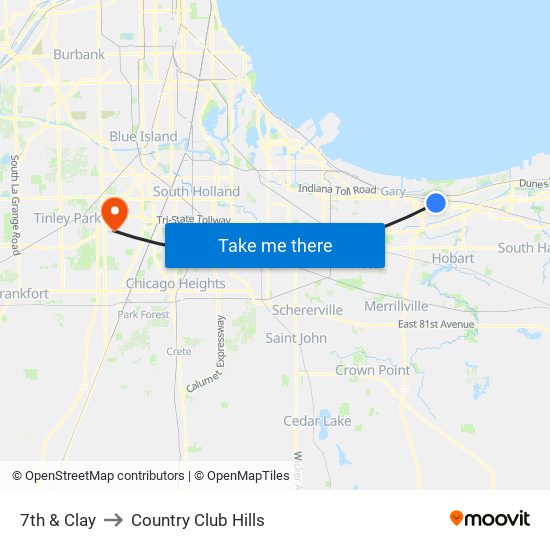 7th & Clay to Country Club Hills map