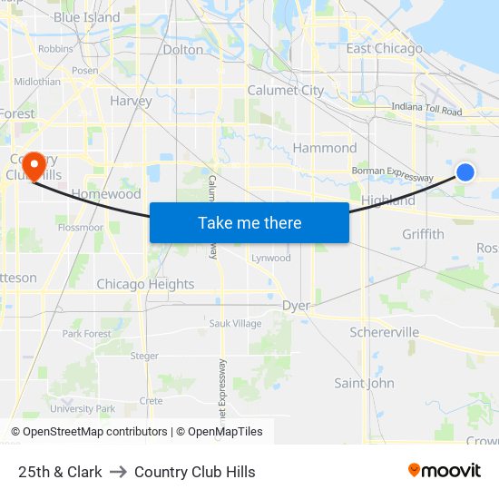 25th & Clark to Country Club Hills map